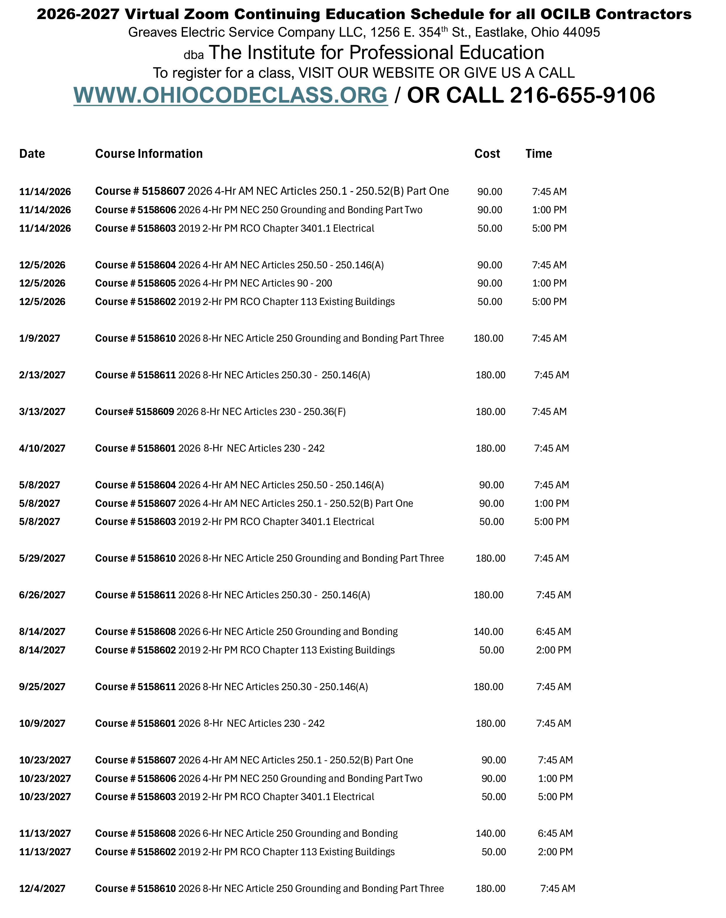 2026 - 2027 Schedule